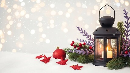 Festive holiday background with lantern and Christmas decorations in soft light