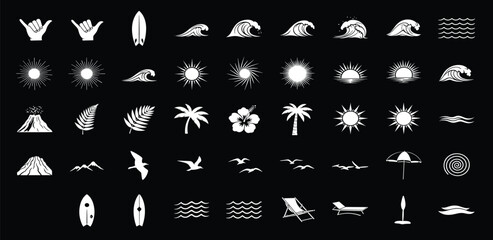 Black and white summer icons representing beach, surfing, sun, waves, and tropical elements in a set