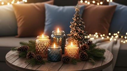 Festive holiday scene with candles christmas tree and cozy lights