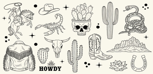 Line Art Collection Cowboy-Themed Illustrations Featuring Western Elements, Including Cactus, Snake, and More