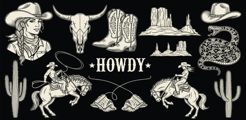 Collection of Western-themed illustrations including cowboys, horses, cacti, boots, and bull skull