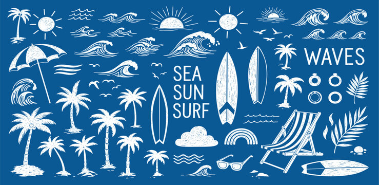 Summer Beach Hand-drawn Sketch Elements Set with Tropical Palm Trees, Ocean Waves, Sun, and Surf Gear for Vacation Concepts