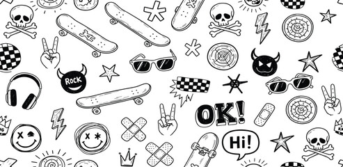 Doodle Elements A Pattern of Skateboard, Skull, Lightning, and Smiley Face Icons on a White Background