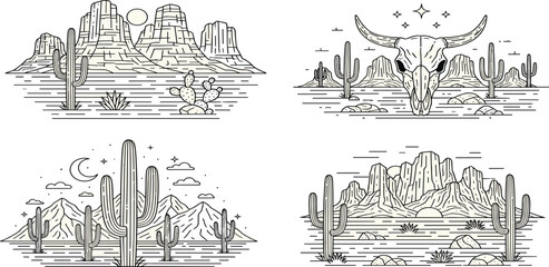 Line Art of Desert Landscapes with Cacti and Skull, Arizona Nature Vector Illustration