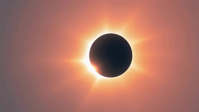 A dramatic view of a total solar eclipse with the sun's corona visible against a hazy, pinkish sky.