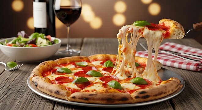 Delicious pepperoni pizza with melted cheese, basil, and a glass of red wine