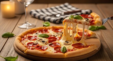 Delicious pepperoni pizza with melted cheese and basil on a wooden board