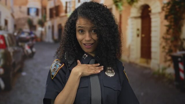 Policewoman smiling in uniform stands confidently on a busy street background, showcasing her professional presence in an urban setting with multicultural ambiance.