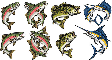 Freshwater Fish Collection Trout, Bass, and Marlin Vector Illustrations