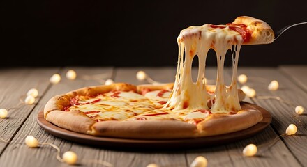 Delicious pizza with melting cheese and lights on a wooden table background