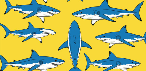 Shark Pattern Blue Sharks on Yellow Background for Marine Design