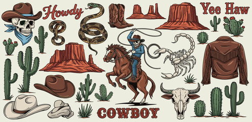 Cowboy Western Themed Illustration With Iconic Symbols And Elements