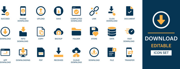 Download icon set collection. phone download, upload, save, link, click download, document, file, pdf, transfer, folder, data and best solid icon set.