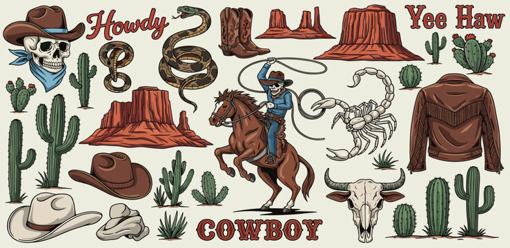 Cowboy Western Themed Illustration With Iconic Symbols And Elements