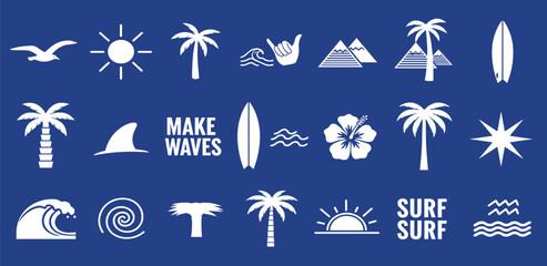 Collection of Tropical and Surfing Themed Icons Including Palm Trees, Waves, Sun, and Mountains on a Blue Background