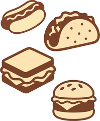 Set of Fast Food Icons – Hotdog, Taco, Sandwich, and Burger Illustration