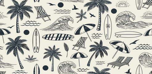 Tropical Summer Vibes Seamless Beach Pattern with Palm Trees, Surfboards, and Waves