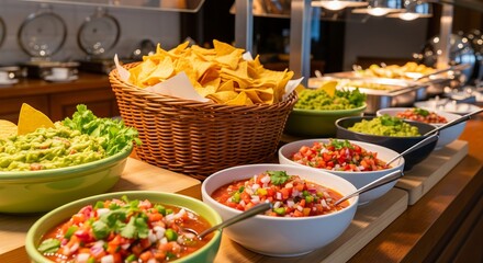 Fototapeta premium A buffet setup with bowls of salsa, guacamole, and a basket of tortilla chips.