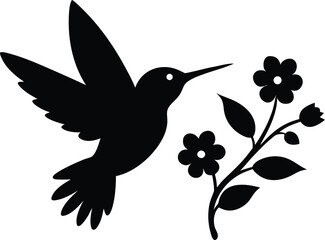 Hummingbird and Flower Silhouette Vector – Nature Wildlife Bird Clipart Design