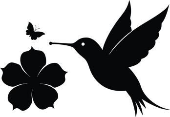 Hummingbird and Flower Silhouette Vector – Nature Wildlife Bird Clipart Design