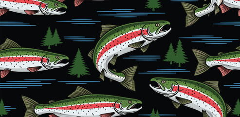 Seamless Pattern of Rainbow Trout Swimming in a Forest River Scene