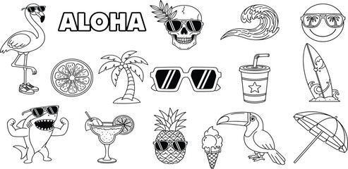 Summer vacation and tropical icons set with flamingo, shark, sunglasses, cocktail, pineapple, toucan, and surfboard, all in doodle style