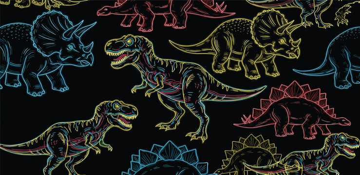 Vibrant seamless pattern of retro neon sketch dinosaurs like T-Rex and Triceratops on a dark, repeating background wallpaper design