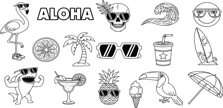 Summer vacation and tropical icons set with flamingo, shark, sunglasses, cocktail, pineapple, toucan, and surfboard, all in doodle style