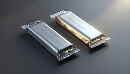 A premium metallic foil candy bar mockup on a dark background, featuring chrome silve