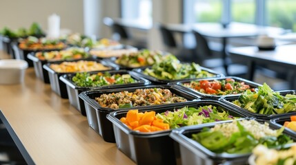 diverse range of fresh salads displayed in individual black containers, promoting healthy eating options and a vibrant assortment of colorful ingredients