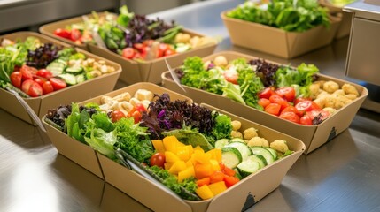 assortment of vibrant pre packaged salads displaying fresh greens vegetables and colorful toppings offering a delightful meal option selection