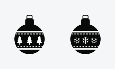 Two black christmas ornaments with festive winter patterns on white background