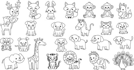 PrintCute baby animals line art, cartoon wildlife illustration, black and white coloring page, adorable forest and jungle creatures for kids drawing