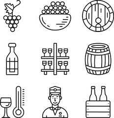 Wine Production Line Icons — Vineyard, Grapes, Barrel, Bottle, Cellar Outline Vector Set
