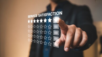 Customer Feedback: A person's hand, gracefully reaching out, selects a star, giving a rating to the service and reflecting on service satisfaction, showing the concept of feedback.