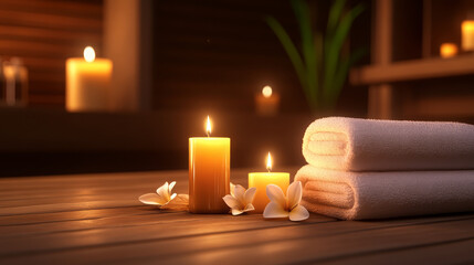Soft candlelight, white towel, plumeria flower, wooden table, spa background, relaxing mood