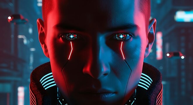 Cyberpunk portrait of a futuristic AI or cyborg with glowing digital eyes and neon red tear-like lines against a blurred sci-fi city background.
