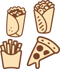 Fast Food Vector Icons – Wraps, French Fries, and Pizza Slice Illustration