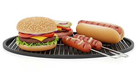 Delicious grilled hamburger hot dog and skewers on a grate ready to eat