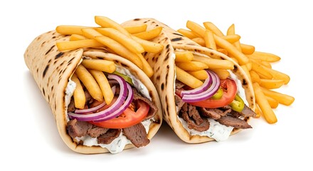 Delicious gyros wraps packed with fresh ingredients and crispy fries food photography