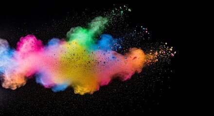 Vibrant rainbow colored powder cloud bursting in dramatic explosion of light