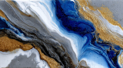 Fluid art background with swirling golds and blues creates sense of depth and movement, evokes feeling of serene yet dynamic energy