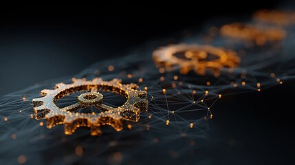 Abstract gear wheel network with glowing dots
