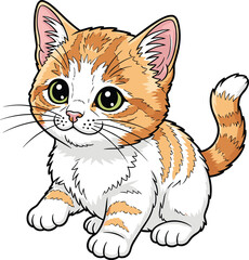 PrintCute orange and white kitten with big green eyes sitting and smiling, adorable cartoon cat illustration for children and design