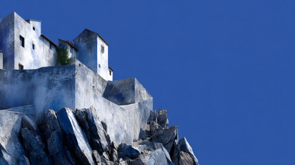 White castle stands proud on rocky outcrop, stone weathered yet majestic against deep blue sky, evoking sense of timeless strength