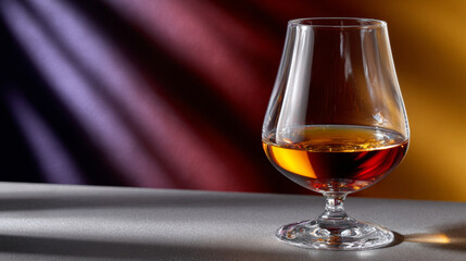 Glass of amber liquor gleams invitingly against gradient backdrop, suggesting moment of refined enjoyment and relaxation