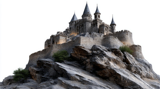 Majestic fairytale castle perched atop rocky hill, exuding grandeur and mystery with its intricate architectural details and isolated location