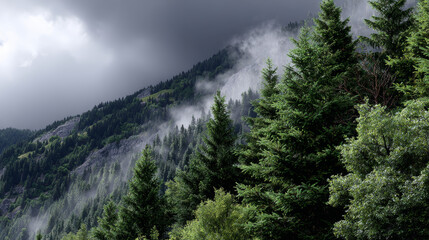 Scenic mountain slope with coniferous trees disappearing into cloudy weather, creates feeling of peace and serenity