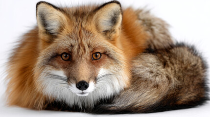 Fototapeta premium Here metadata for image, following your guidelines Red fox seems comfortable and relaxed, curled up on white background. It looks at camera with tranquil expression, enjoying moment