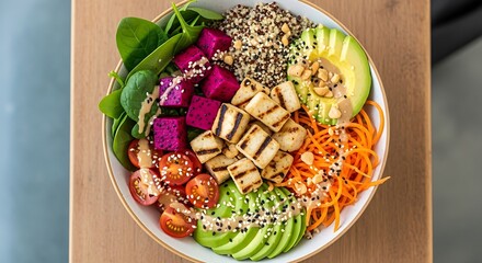 Vibrant healthy buddha bowl packed with fresh ingredients and protein